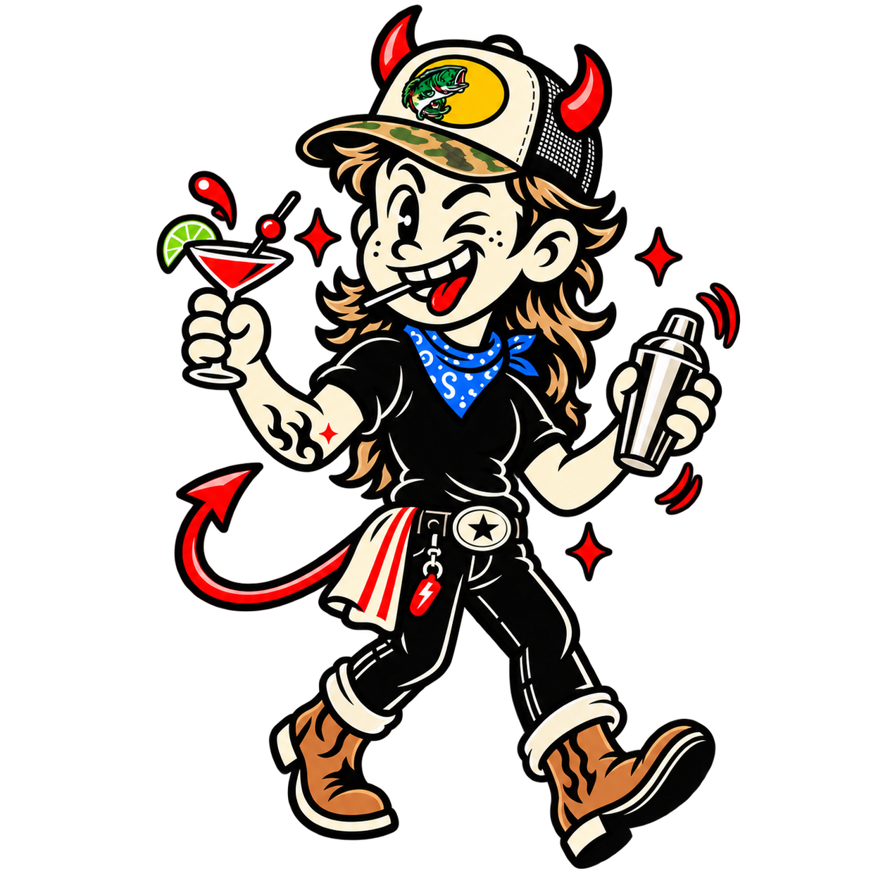 Sinners Bar Co. bartender mascot holding a cocktail and shaker