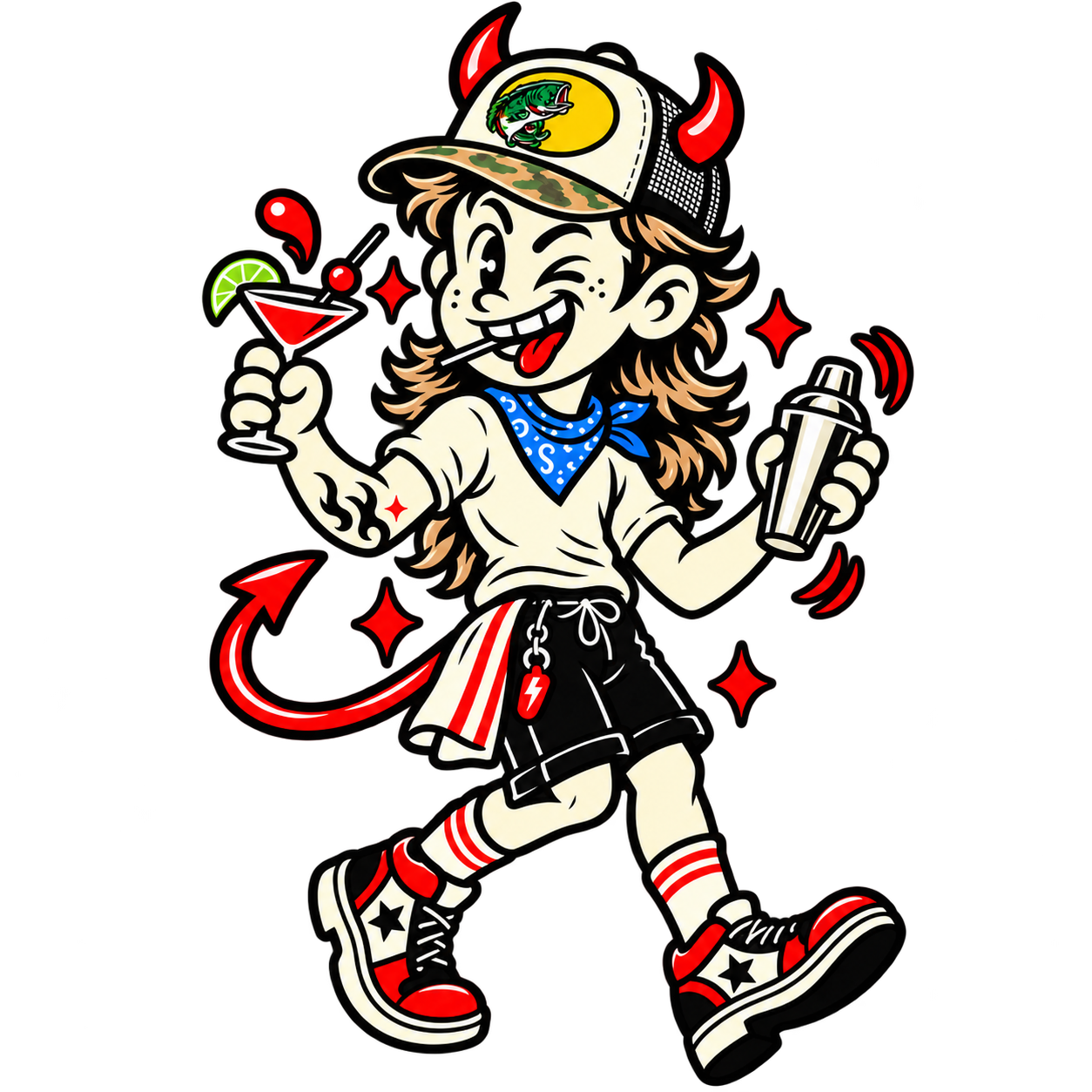Sinners Bar Co. mascot in a light T-shirt and shorts