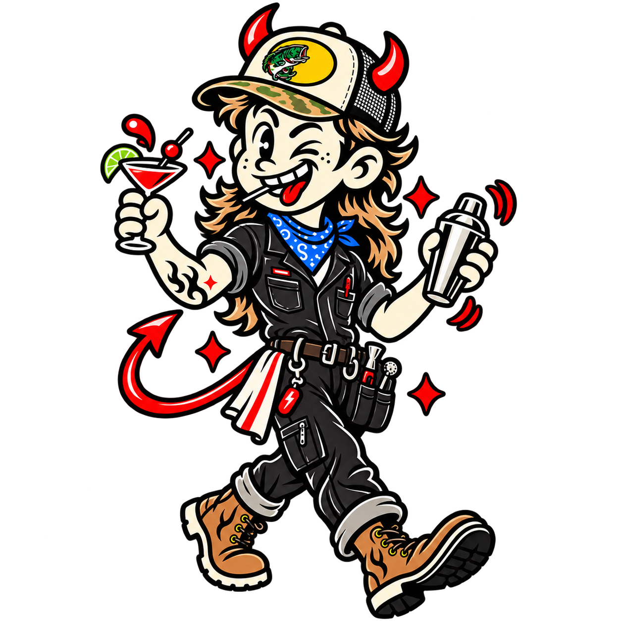 Sinners Bar Co. mascot in workwear